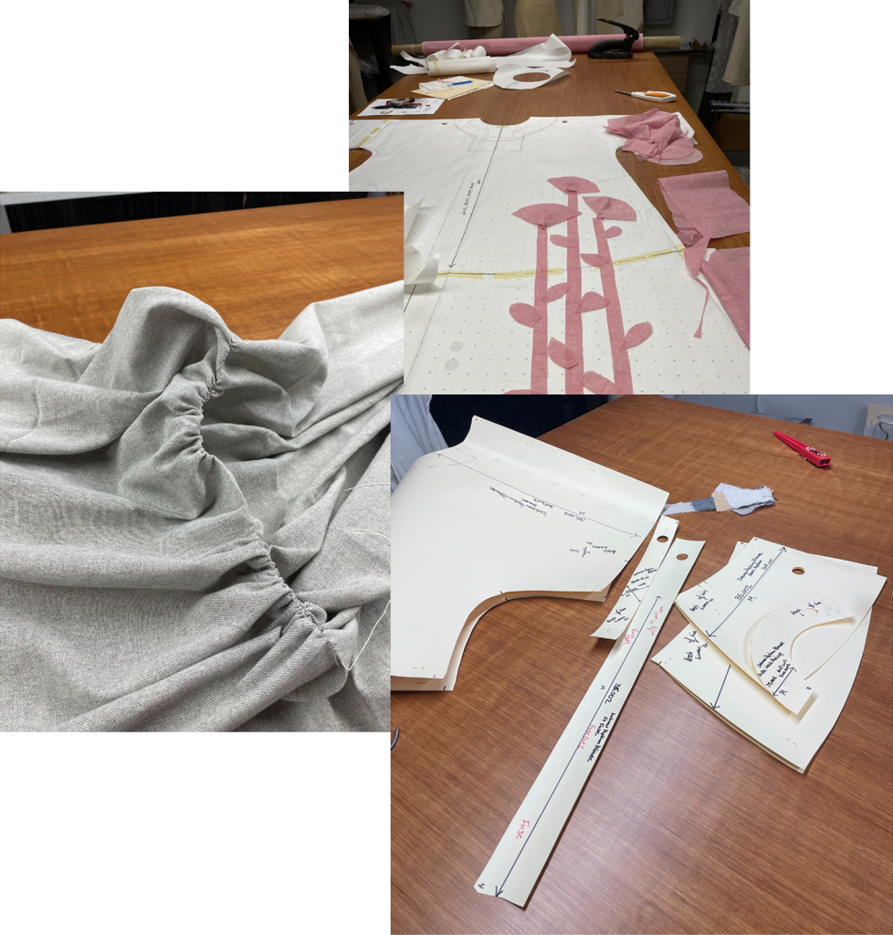 a collage of pattern pieces and garment components on the work table